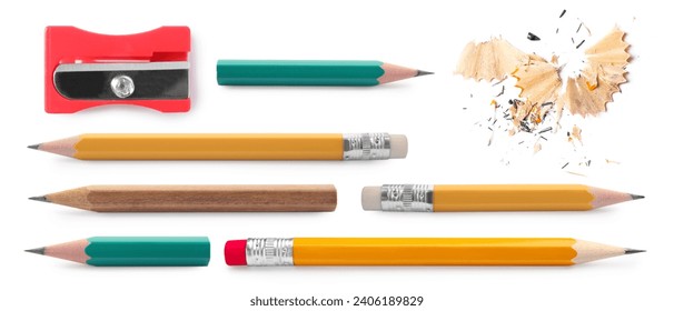 Different graphite pencils, sharpener and shavings isolated on white, set - Powered by Shutterstock