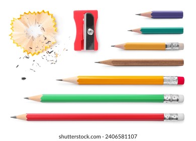 Different graphite pencils, sharpener and shavings isolated on white, set - Powered by Shutterstock