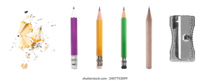 Different graphite pencils, sharpener and shavings isolated on white, set - Powered by Shutterstock