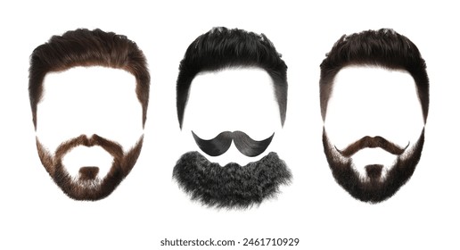 Different hairstyles with beards and mustaches isolated on white, set