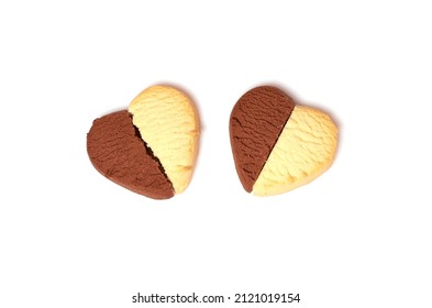 Different Halves Of Lemon And Chocolate Cookies In The Shape Of A Heart, Connected, Isolated On A White Background