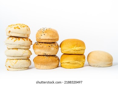 Different Hamburger Buns Stacked With Different Heights, Copy Space, No People, Photo Studio, Food Concept.