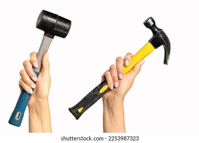 Different hammers in a woman's hand on a white background. A tool with signs of wear in a woman's hand. - Shutterstock ID 2253987323