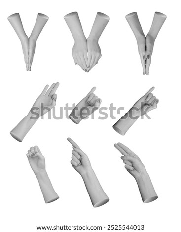 Different hand gestures set, finger signs isolated on a white background.