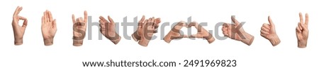 Different hand gestures set. OK, hi sign, holding, horns, heart shape, thumb up, victory isolated on white background.