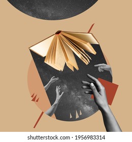 Different Hands Reaching Opened Book, Mystical. Contemporary Art Collage, Modern Design. Aesthetic Of Hands. Trendy Pastel Colors. Copyspace For Your Ad Or Text. Surreal Conceptual Poster.