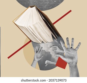 Different Hands Reaching An Opened Book, Mystical. Contemporary Art Collage In Pastel Colors.