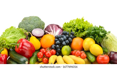 Different healthy fruits and vegetables isolated on white background.
