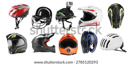 Different helmets isolated on white, set. Protective headgear