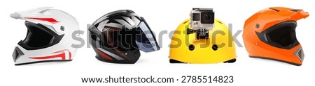 Different helmets isolated on white, set. Protective headgear