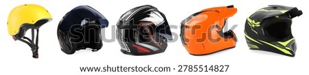 Different helmets isolated on white, set. Protective headgear