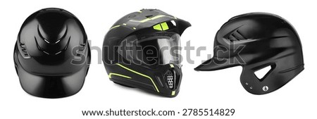 Different helmets isolated on white, set. Protective headgear