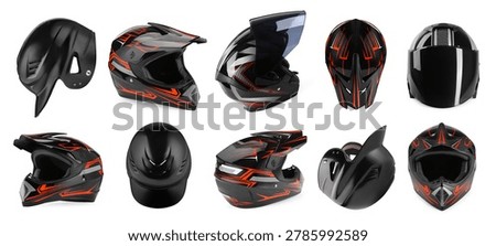 Different helmets isolated on white, set. Protective headgear
