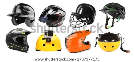 Different helmets isolated on white, set. Protective headgear