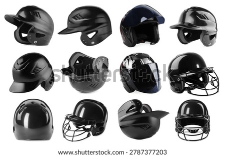 Different helmets isolated on white, set. Protective headgear