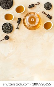 Different herbal and fruit tea, top view, copy space