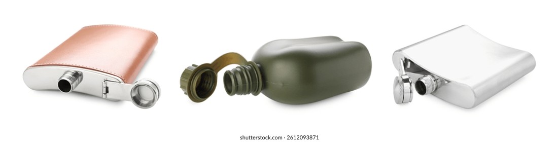 Different hip flasks isolated on white, set