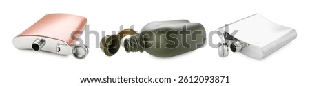 Different hip flasks isolated on white, set