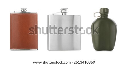 Different hip flasks isolated on white, set