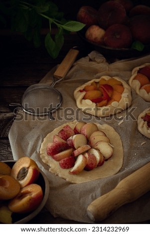 Different homemade baked fruit tarts, galettes with apricot, peach and apple on dark background 