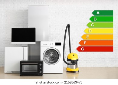 Different household appliances near white brick wall. Concept of smart home - Powered by Shutterstock