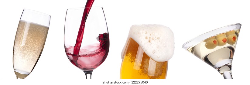 Different Images Of Alcohol Isolated - Beer,martini,champagne,wine,juice