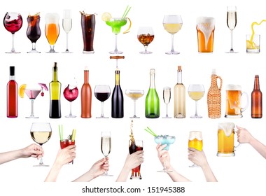 Different Images Of Alcohol Isolated - Beer,martini,cola,champagne,wine,juice