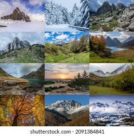 Different Images Of Mountain For Calendar. Photo Collage For Calendar. Pictures For Yearly Calendar. Colored Nature Pics 