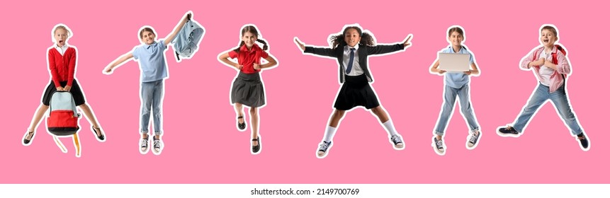 Different jumping children on pink background - Shutterstock ID 2149700769