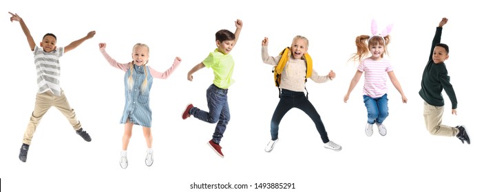 Different jumping children on white background