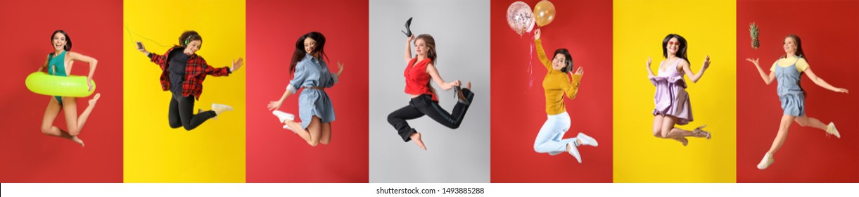 Different jumping women on color background - Shutterstock ID 1493885288