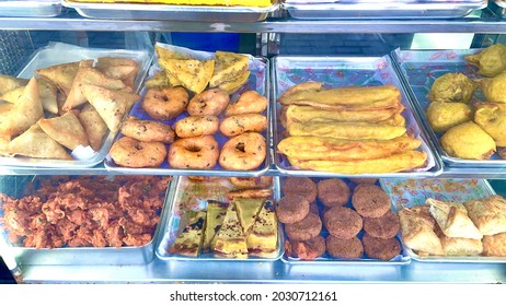 Different Kind Of Snacks Arranged And Displayed At A South Indian Tea Shop 