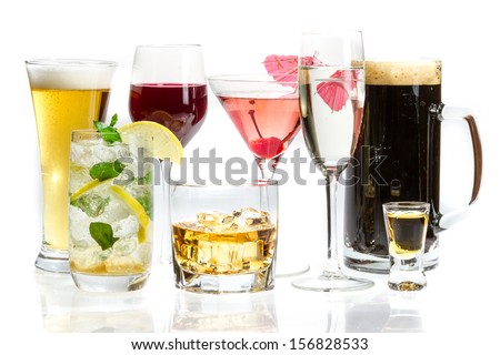 Different kinds of alcohol on a white background