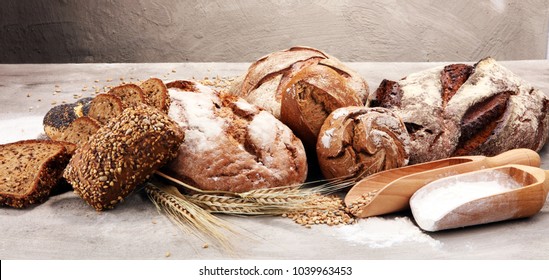 Different kinds of bread and bread rolls. Kitchen or bakery poster design