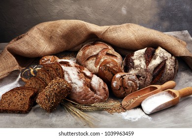 Different kinds of bread and bread rolls. Kitchen or bakery poster design