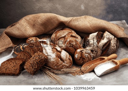 Different kinds of bread and bread rolls. Kitchen or bakery poster design