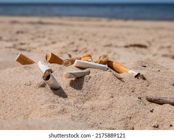 Different kinds of cigarette butts in the white sand on Baltic sea beach with water in background as toxic plastic pollution in the beach sand. Most littered plastic item in the world. Beach pollution - Shutterstock ID 2175889121