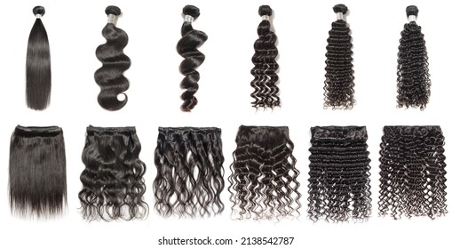 Different kinds of natural black color human hair weaves extensions bundles - Shutterstock ID 2138542787
