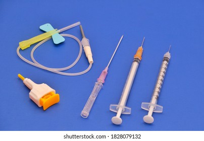 Different Kinds Of Needles Used In Hospitals Including Lancet Needle, Butterfly Cannula, Insulin Syringe And 1cc Syringe 