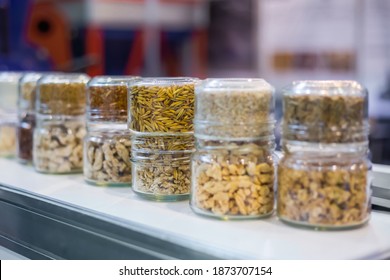 Different Kinds Of Pelleted Compound Feed, Fodder In Glass Jars: Before And After Extrusion - Food For Domestic Animals At Agricultural Exhibition, Trade Show: Close Up. Agriculture, Husbandry Concept