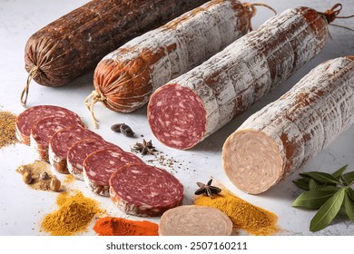 different kinds of salami with spices and herbs - Powered by Shutterstock