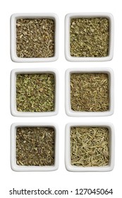 Different Kinds Of Tea Leaves On A White Background