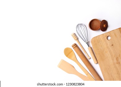 Different Kitchenware On A Light Background Top View. Cooking Appliances. Flat Lay 