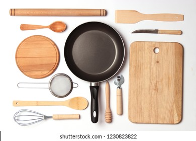 different kitchenware on a light background top view. Cooking appliances. flat lay  - Shutterstock ID 1230823822