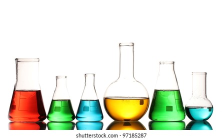 Different Laboratory Glassware Color Liquid Reflection Stock Photo 