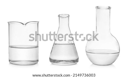 Different laboratory glassware on white background, banner design