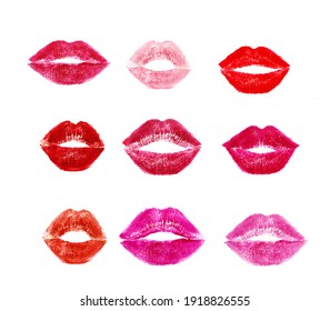 Different Lipstick Prints Of  Lips On White Background