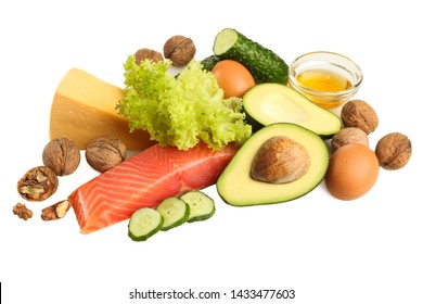 Different Low Carbs Products For Ketogenic Diet Isolated On White. Concept Of Balanced Healthy Diet.