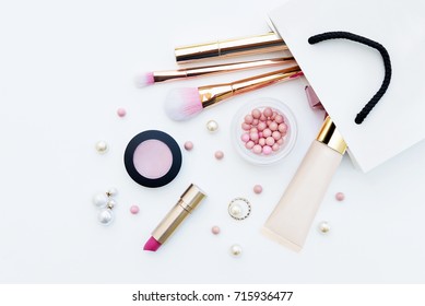 Different Makeup Beauty Cosmetic In Gift Package On White Background