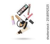 Different makeup products in air on white background